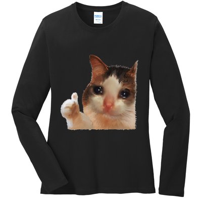 Thumbs Up Crying Cat Meme Cat Crying Thumps Up Memes Sad Cat Ladies Long Sleeve Shirt