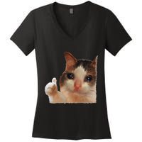 Thumbs Up Crying Cat Meme Cat Crying Thumps Up Memes Sad Cat Women's V-Neck T-Shirt
