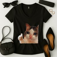 Thumbs Up Crying Cat Meme Cat Crying Thumps Up Memes Sad Cat Women's V-Neck T-Shirt