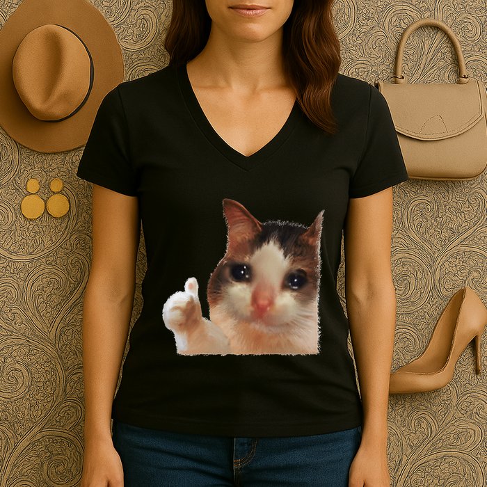 Thumbs Up Crying Cat Meme Cat Crying Thumps Up Memes Sad Cat Women's V-Neck T-Shirt