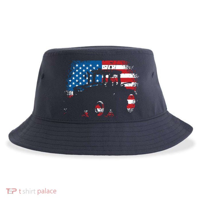 Tractor USA Flag Design For Patriotic Farmer Sustainable Bucket Hat