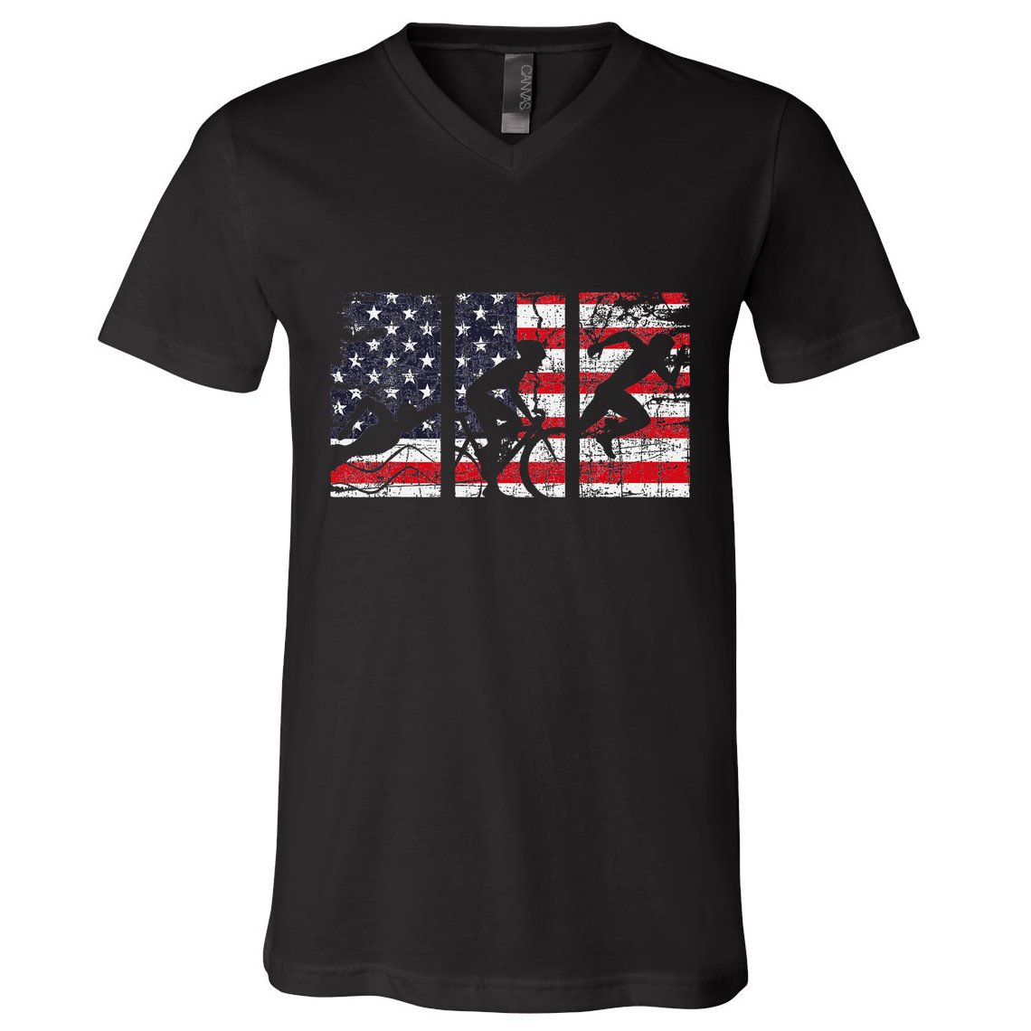 Triathlon Usa Flag Triathlete Athlete Sports Swim Run Bike V-Neck T-Shirt