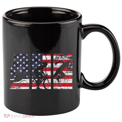 Triathlon Usa Flag Triathlete Athlete Sports Swim Run Bike 11oz C Handle Ceramic Mug