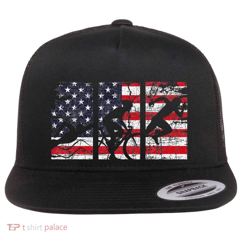 Triathlon Usa Flag Triathlete Athlete Sports Swim Run Bike Flatbill Hat