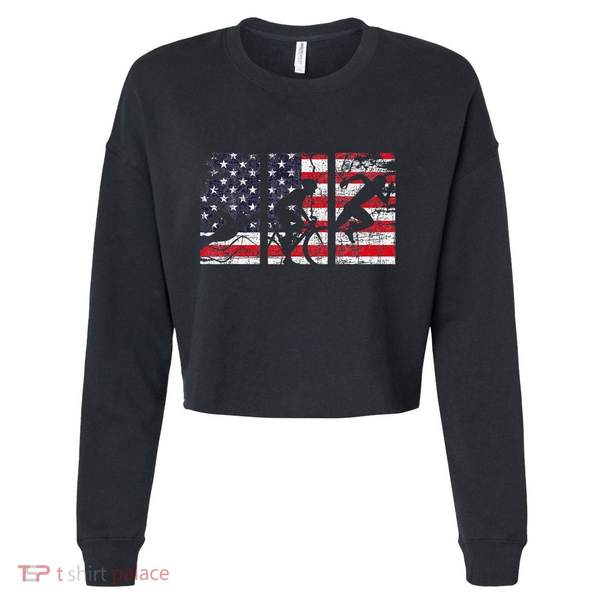 Triathlon Usa Flag Triathlete Athlete Sports Swim Run Bike Cropped Pullover Crew