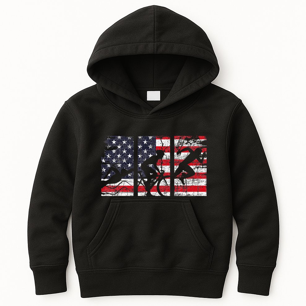 Triathlon Usa Flag Triathlete Athlete Sports Swim Run Bike Kids Hoodie