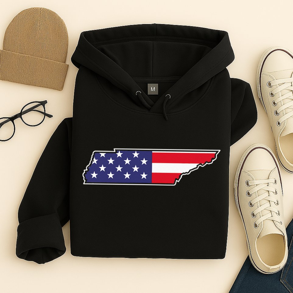 Tennessee USA Flag State Outline Patriotic American Hoodie