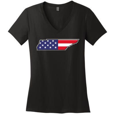 Tennessee USA Flag State Outline Patriotic American Women's V-Neck T-Shirt