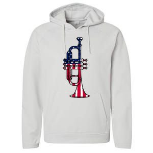 Trumpet Usa Flag Funny Trumpeter Musician 4th Of July Performance Fleece Hoodie