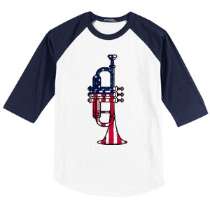 Trumpet Usa Flag Funny Trumpeter Musician 4th Of July Baseball Sleeve Shirt