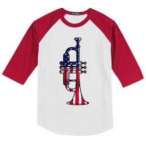 Trumpet Usa Flag Funny Trumpeter Musician 4th Of July Kids Colorblock Raglan Jersey