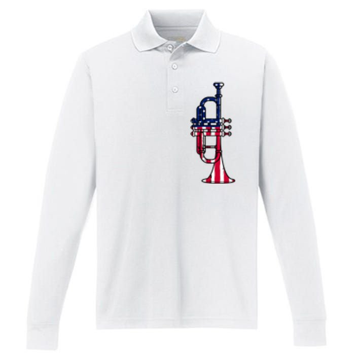 Trumpet Usa Flag Funny Trumpeter Musician 4th Of July Performance Long Sleeve Polo