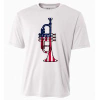 Trumpet Usa Flag Funny Trumpeter Musician 4th Of July Cooling Performance Crew T-Shirt