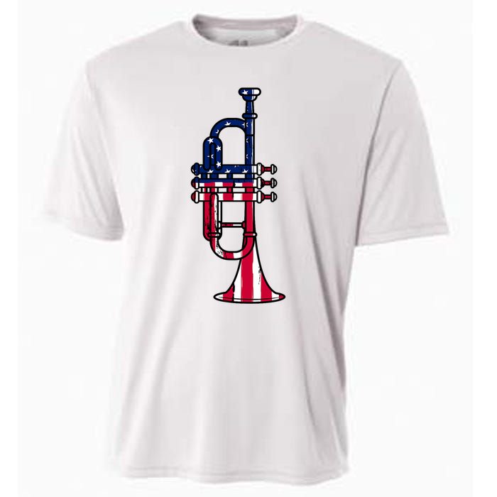 Trumpet Usa Flag Funny Trumpeter Musician 4th Of July Cooling Performance Crew T-Shirt