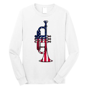 Trumpet Usa Flag Funny Trumpeter Musician 4th Of July Long Sleeve Shirt