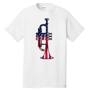 Trumpet Usa Flag Funny Trumpeter Musician 4th Of July Tall T-Shirt