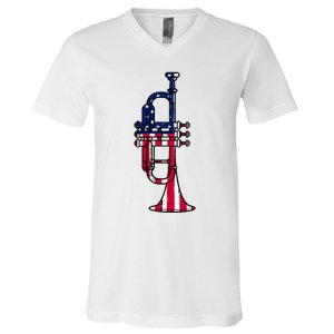 Trumpet Usa Flag Funny Trumpeter Musician 4th Of July V-Neck T-Shirt