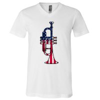 Trumpet Usa Flag Funny Trumpeter Musician 4th Of July V-Neck T-Shirt