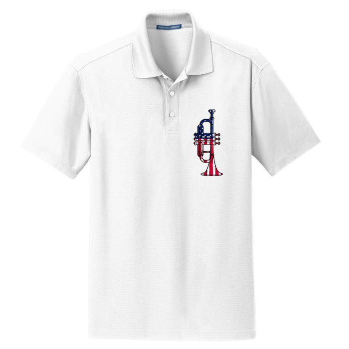 Trumpet Usa Flag Funny Trumpeter Musician 4th Of July Dry Zone Grid Polo