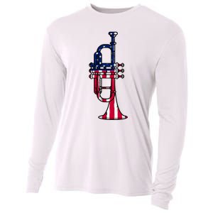 Trumpet Usa Flag Funny Trumpeter Musician 4th Of July Cooling Performance Long Sleeve Crew