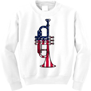 Trumpet Usa Flag Funny Trumpeter Musician 4th Of July Kids Sweatshirt