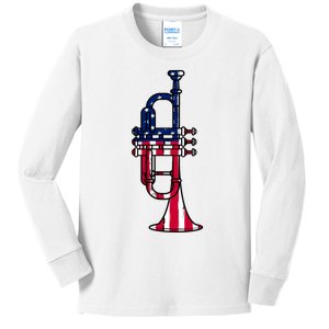 Trumpet Usa Flag Funny Trumpeter Musician 4th Of July Kids Long Sleeve Shirt