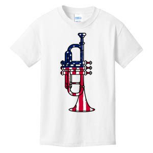 Trumpet Usa Flag Funny Trumpeter Musician 4th Of July Kids T-Shirt