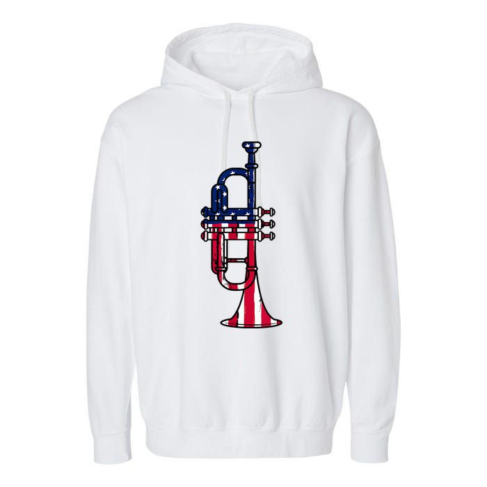 Trumpet Usa Flag Funny Trumpeter Musician 4th Of July Outfit Garment-Dyed Fleece Hoodie