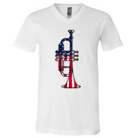 Trumpet Usa Flag Funny Trumpeter Musician 4th Of July Outfit V-Neck T-Shirt