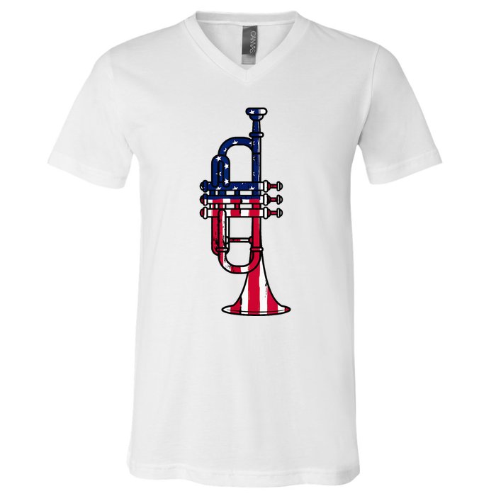 Trumpet Usa Flag Funny Trumpeter Musician 4th Of July Outfit V-Neck T-Shirt