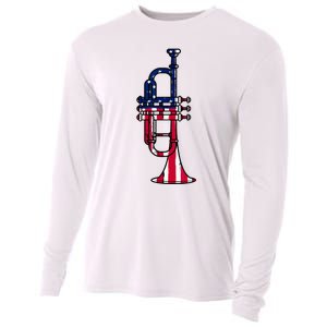 Trumpet Usa Flag Funny Trumpeter Musician 4th Of July Outfit Cooling Performance Long Sleeve Crew