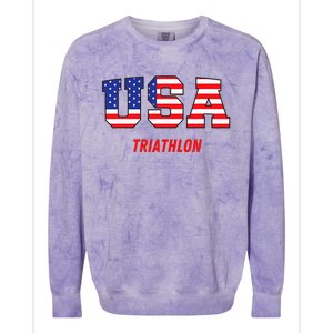 Triathlon Usa Go Team Sport Patriotic American Flag Colorblast Crewneck Sweatshirt