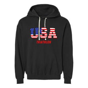 Triathlon Usa Go Team Sport Patriotic American Flag Garment-Dyed Fleece Hoodie