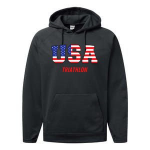 Triathlon Usa Go Team Sport Patriotic American Flag Performance Fleece Hoodie