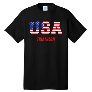 Triathlon Usa Go Team Sport Patriotic American Flag Tall T-Shirt