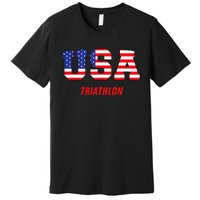 Triathlon Usa Go Team Sport Patriotic American Flag Premium T-Shirt