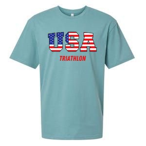 Triathlon Usa Go Team Sport Patriotic American Flag Sueded Cloud Jersey T-Shirt