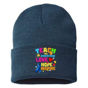 Teach Understand Love Inspire Autism Awareness For Teachers Sustainable Knit Beanie