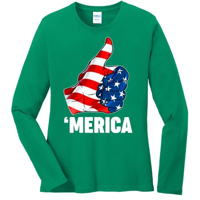 Thumbs Up Merica USA American Flag Ladies Long Sleeve Shirt