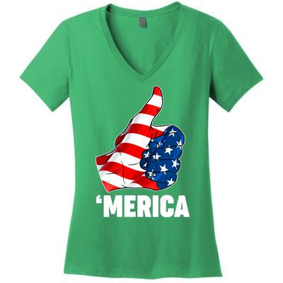 Thumbs Up Merica USA American Flag Women's V-Neck T-Shirt