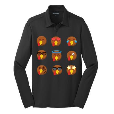 Turkey Emoji's Funny Thanksgiving  Silk Touch Performance Long Sleeve Polo