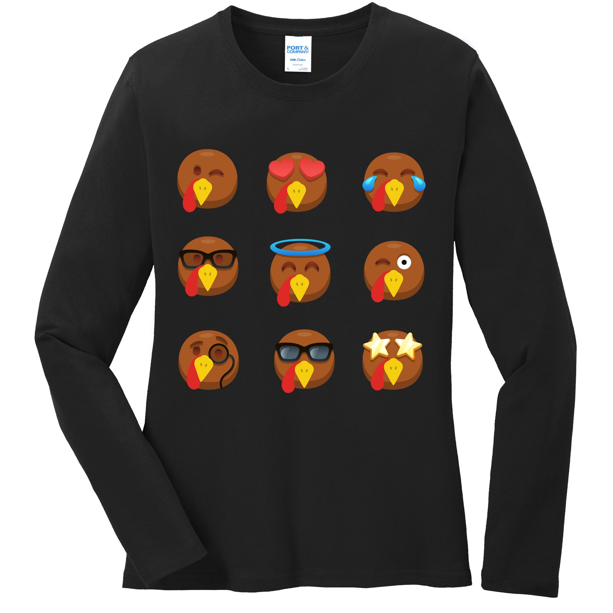 Turkey Emoji's Funny Thanksgiving  Ladies Long Sleeve Shirt