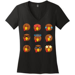 Turkey Emoji's Funny Thanksgiving  Women's V-Neck T-Shirt