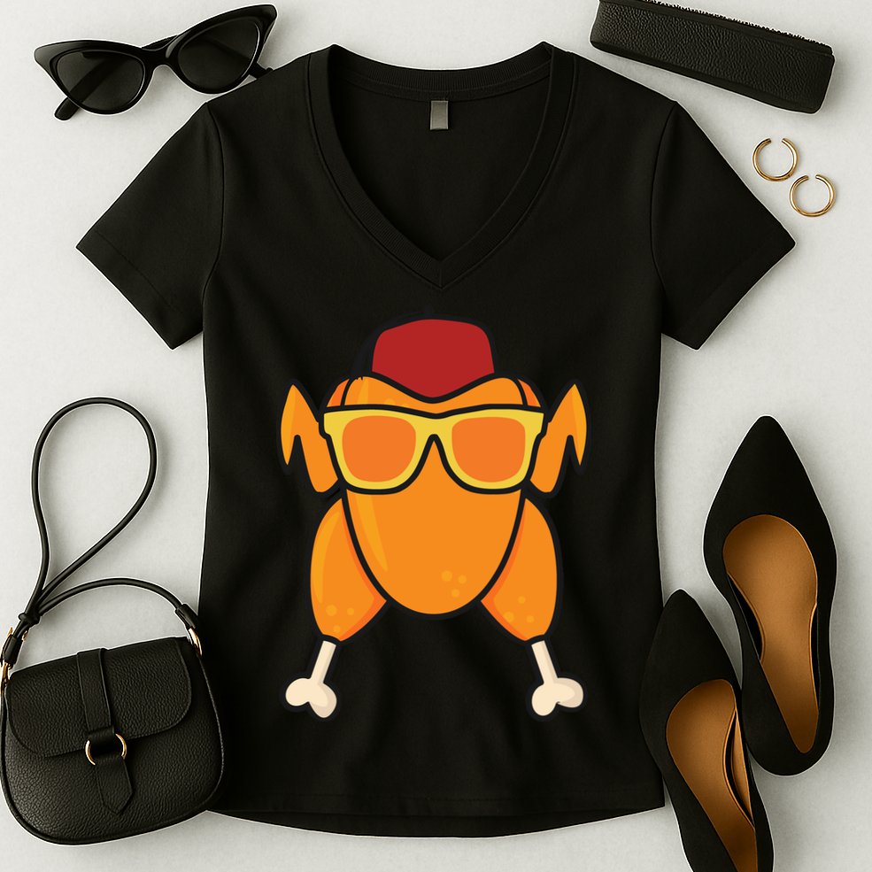 Turkey Head Happy Thanksgiving Day Funny Women's V-Neck T-Shirt