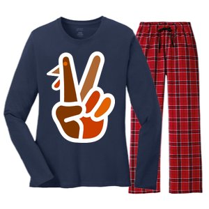 Turkey Peace Sign Hand Women's Long Sleeve Flannel Pajama Set 