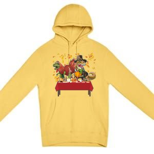 Turkey Pilgrim Dinosaurs T-Rex Funny Thanksgiving Premium Pullover Hoodie