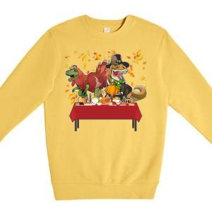 Turkey Pilgrim Dinosaurs T-Rex Funny Thanksgiving Premium Crewneck Sweatshirt