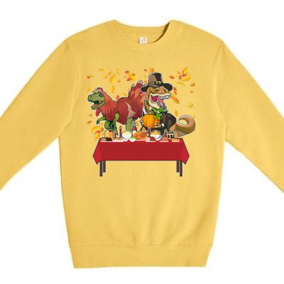 Turkey Pilgrim Dinosaurs T-Rex Funny Thanksgiving Premium Crewneck Sweatshirt