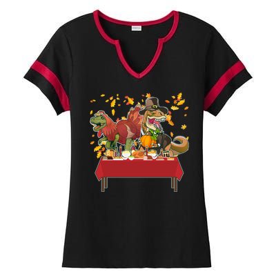 Turkey Pilgrim Dinosaurs T-Rex Funny Thanksgiving Ladies Halftime Notch Neck Tee