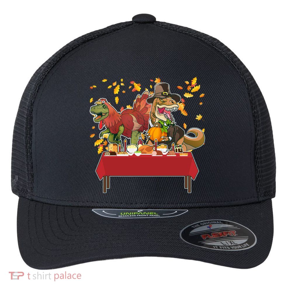 Turkey Pilgrim Dinosaurs T-Rex Funny Thanksgiving Flexfit Unipanel Trucker Cap